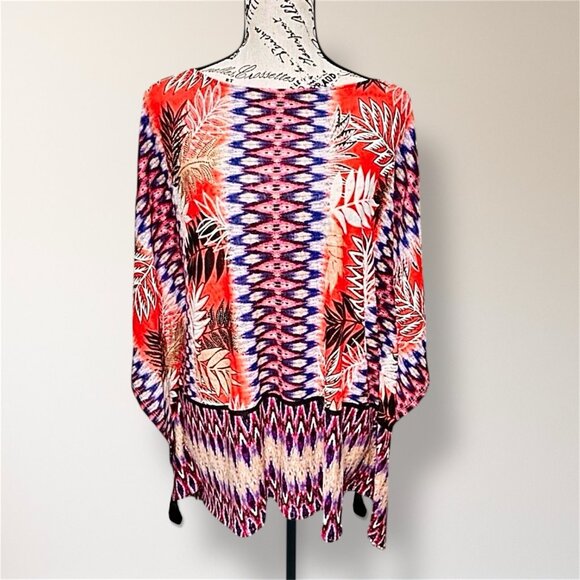 Ruby Rd M Linen Poncho Blouse Purple Orange Floral Tassel Boho Hippie Resort Top - Picture 4 of 10